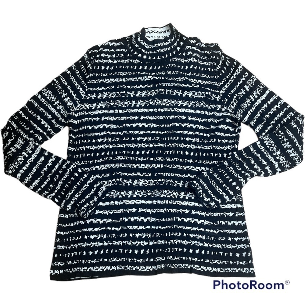 POSE Black White Abstract Stripe Mock Neck Knit Sweater XL